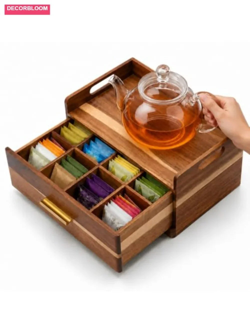 Acacia Wood Tea Bag Organizer with Storage Drawer Tea Caddy